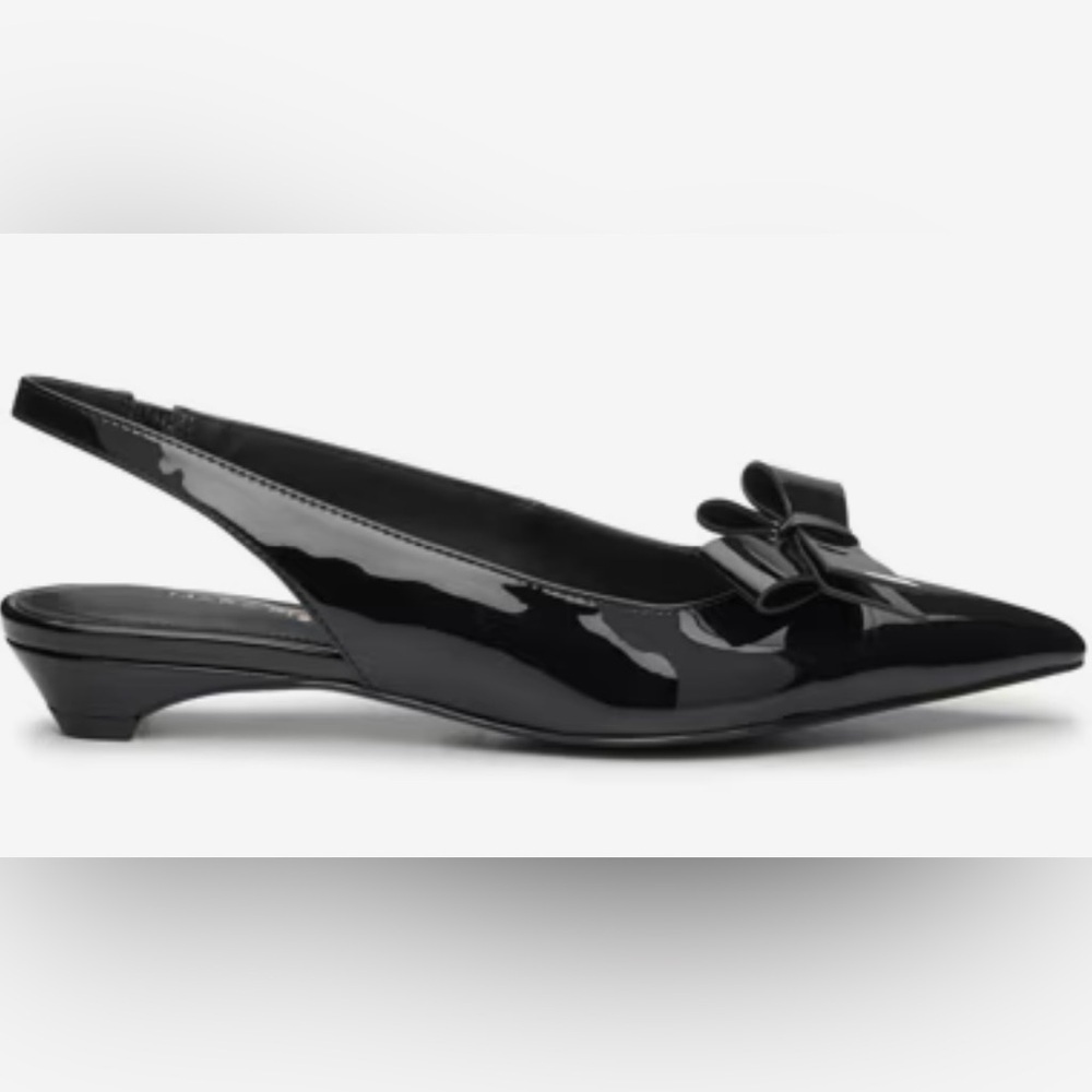 Marc Fisher Black Patent Pointed Toe Slingback Flats with Bow - Picture 3 of 13